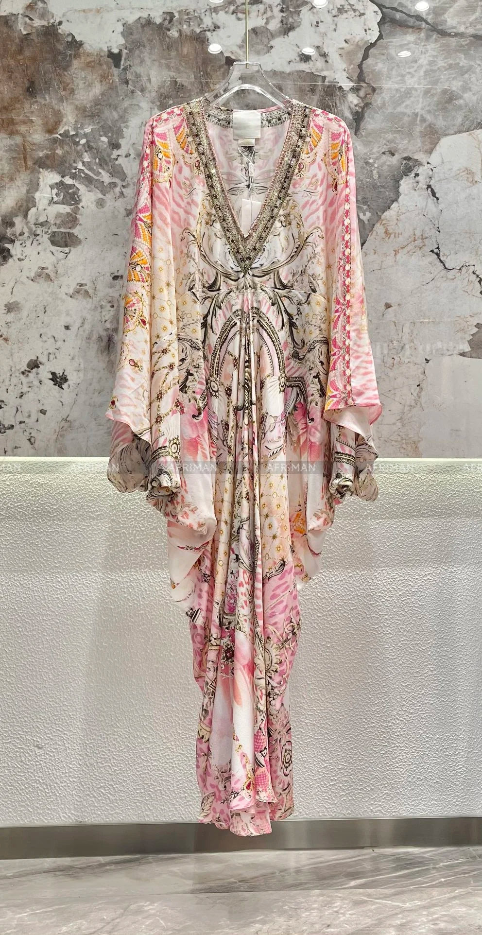 Exquisite designer dress Women New V Neck Crystal Beaded Flare Sleeve